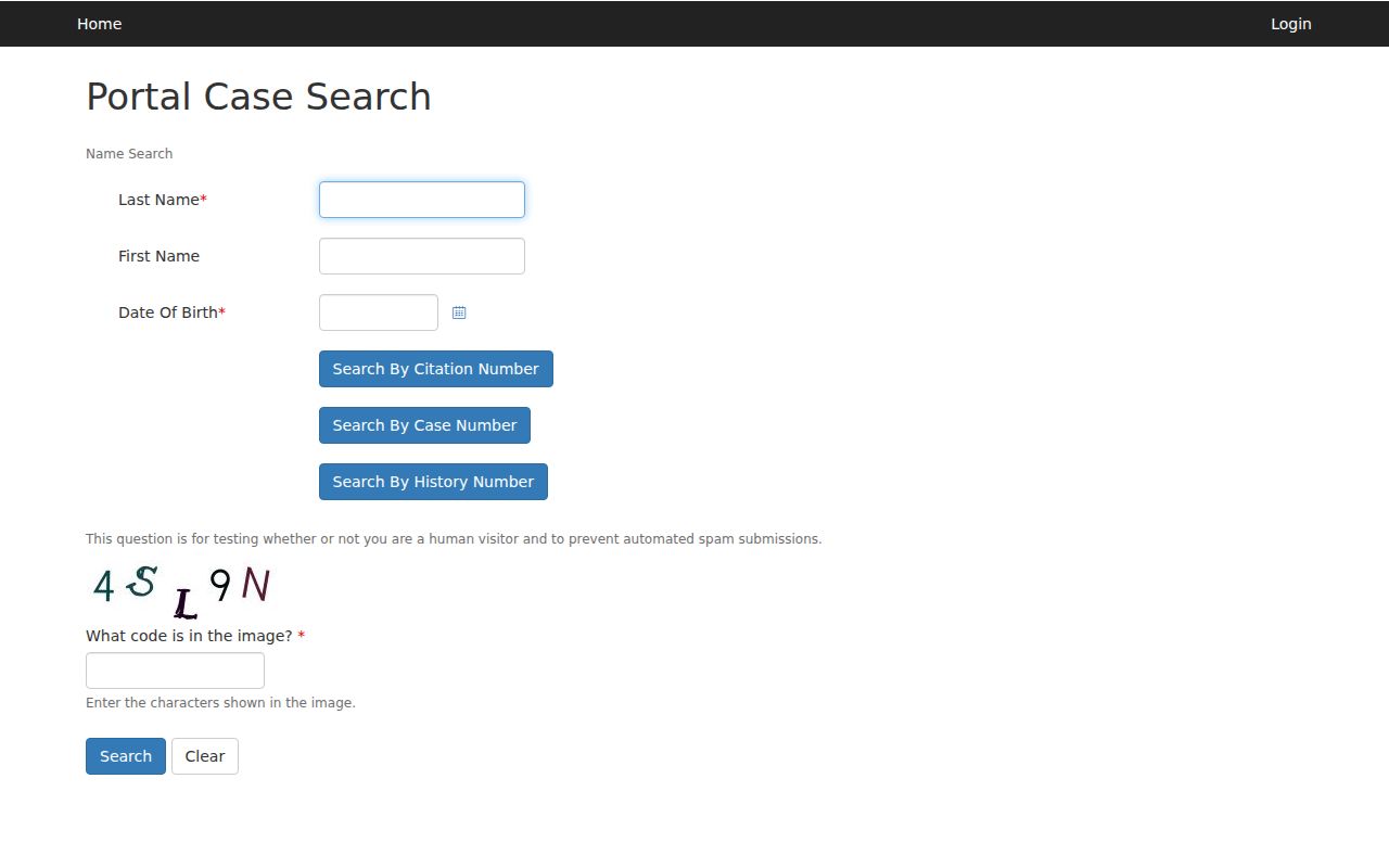 Nevada warrant search: Las Vegas Municipal Court name, date of birth, and CAPTCHA fields