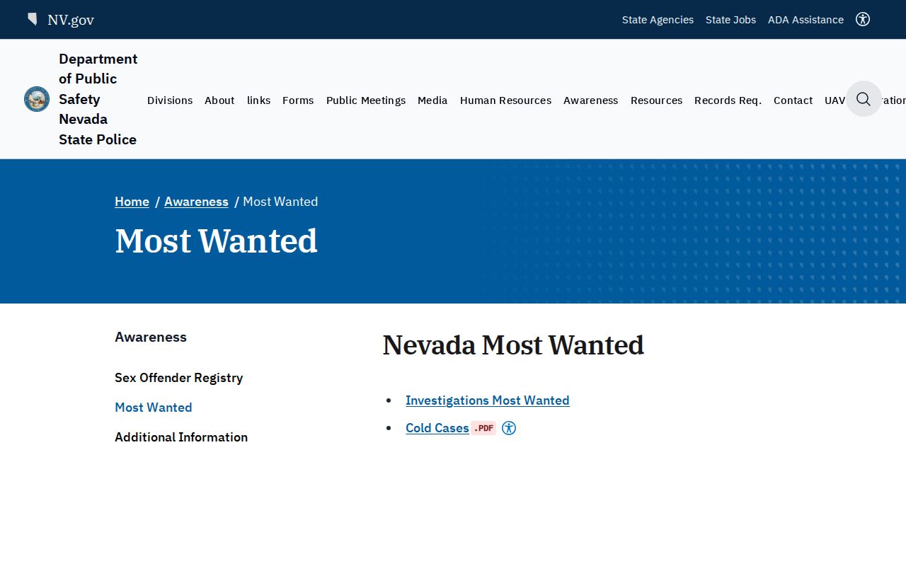 Nevada warrant information page heading for the DPS Most Wanted program